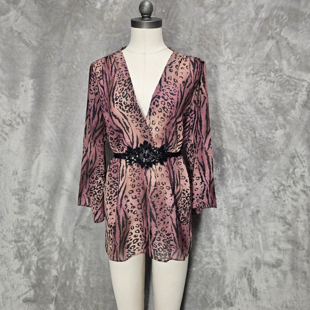 Nicki Nicole Miller Sheer Top Women XL Plum Animal Print Embellished Ethereal
